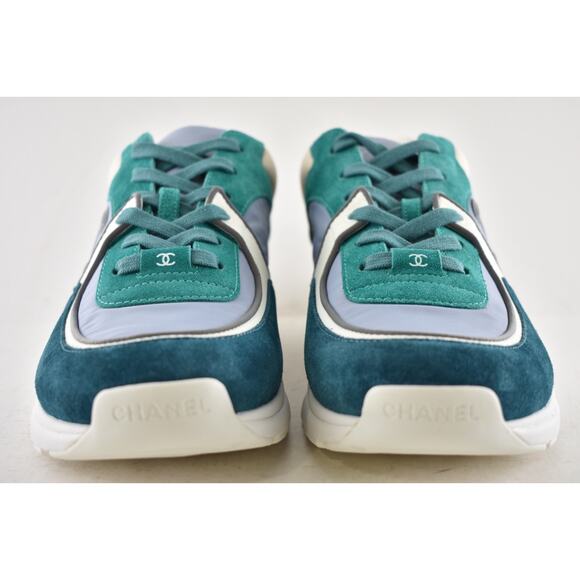 Chanel 19K Mens Green Grey Teal Blue White CC Logo Low Top Trainer Sneaker 44 11 - Picture 7 of 12